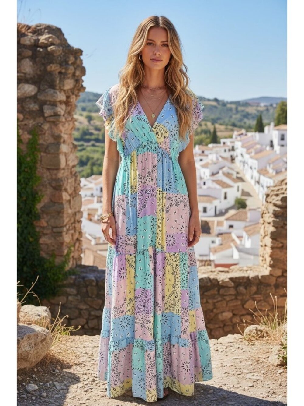 MC2 St. Barth Pastel Bandana Print Patchwork Maxi Dress Multicolor Medium